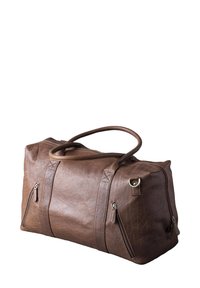 Brown leather duffel bag with double handles, two zippered side pockets, textured surface, and metal hardware accents.