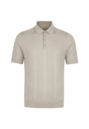 Lysebeige poloshirt med korte ærmer, ribstrikket mønster og tre knapper på stolpelukningen, kraven og de kantede ærmer.
