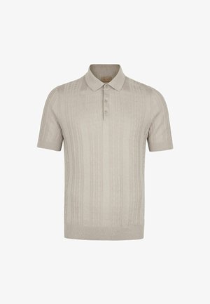 Lysebeige poloshirt med korte ærmer, ribstrikket mønster og tre knapper på stolpelukningen, kraven og de kantede ærmer.