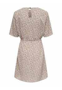 Šaty s květinovým vzorem, krátkými rukávy, staženým pasem a klíčovou dírou vzadu. Barvy zahrnují béžovou s červenými a zelenými akcenty.