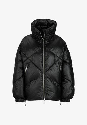 Schwarze Pufferjacke mit hohem Kragen, glänzender Außenfläche, diamantgestepptem Muster, elastischen Bündchen und seitlichen Reißverschlusstaschen.