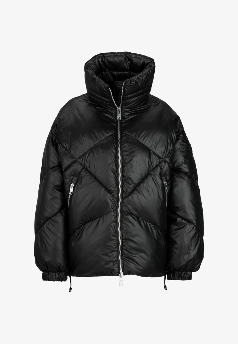 Zwarte donzen jas met een hoge kraag, glanzende buitenkant, diamantvormig quiltpatroon, elastische manchetten en zijzakken met ritssluitingen.