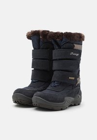 Botas de invierno navy con forro de pelaje sintético, correas de Velcro y acentos de diseño en forma de estrella. Fabricadas con material impermeable y suelas de goma resistente.