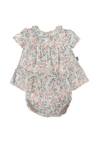 Vestido floral con mangas cortas, dobladillo con volantes, tejido ligero en crema, flores rosas y hojas verdes. Presenta un cuerpo fruncido y cierres en la parte inferior.