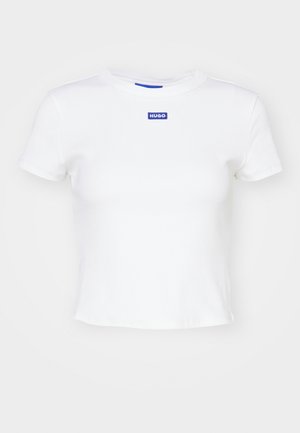 White cotton t-shirt with short sleeves, round neckline, and a blue rectangular logo patch reading "HUGO" on the front center.