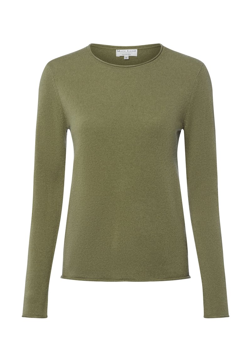 Olivegrüner Langarmpullover aus gerippter Textur, mit rundem Halsausschnitt und geradem Schnitt sowie einem dezenten Saum.