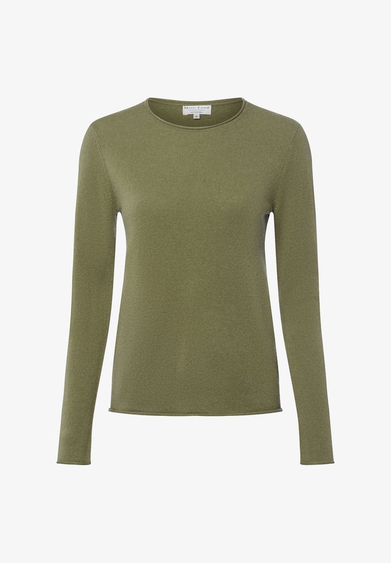 Olivegrüner Langarmpullover aus gerippter Textur, mit rundem Halsausschnitt und geradem Schnitt sowie einem dezenten Saum.