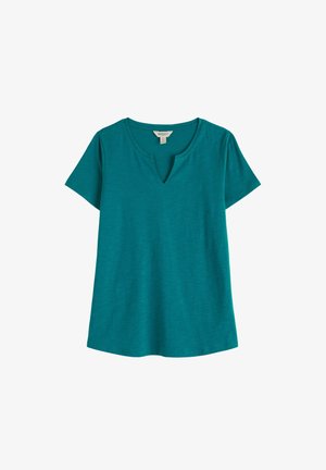 Tricou turcoaz cu mâneci scurte, cu decolteu rotund cu crestătură, design simplu și material moale din bumbac.