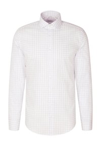 Camicia bianca a maniche lunghe con un motivo a griglia di linee viola. Collo a bottoni, taglio diritto e chiusura frontale con bottoni.