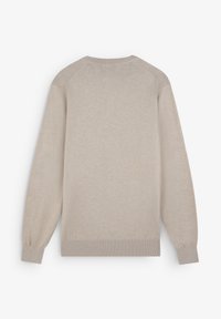 Beiger Strickpullover mit Rundhalsausschnitt, Raglanärmeln und gerippten Bündchen und Saum. Glatte Textur, keine Muster oder sichtbaren Akzente.