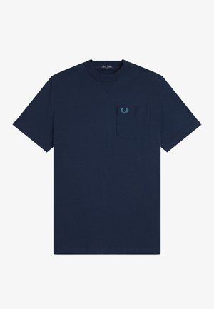 Laivastonsininen lyhythihainen t-paita pyöreällä pääntiellä ja rintataskulla, jossa on pieni kirjailtu laakeriseppelelogo.