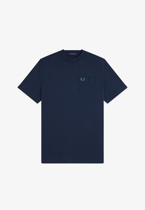 T-shirt bleu marine à manches courtes avec col rond et poche poitrine ornée d'un petit logo de couronne de laurier brodé.