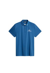 Blå pikétröja i slät tyg, med en treknäppnings-placket och vit logotyp på vänster bröst. Kort ärm med klassisk krage.