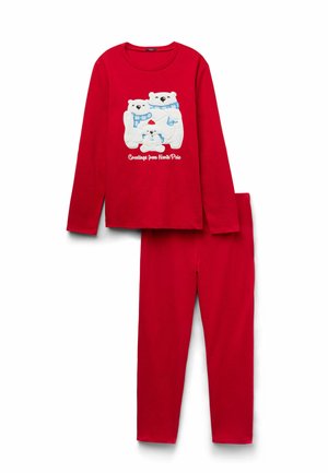 Rotes langärmeliges Pyjama-Set mit Eisbär-Motiv und blauen Schals. Weicher Stoff, lockere Passform, inklusive passender Hose.