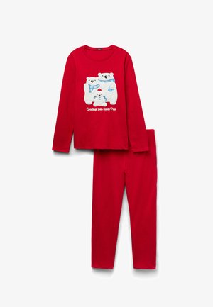 Set di pigiami a manica lunga rossi con grafica di orsi polari con sciarpe blu. Tessuto morbido, vestibilità comoda, include pantaloni abbinati.