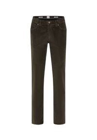 Corduroy broek in donker olijfgroen, rechte pasvorm, met een knoop- en ritssluiting, vijf zakken en subtiele verticale ribbeltextuur.