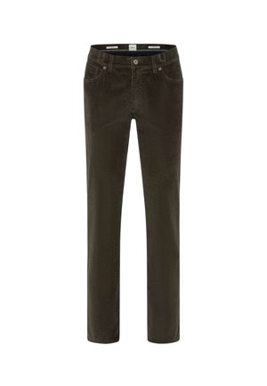 Pantaloni in corduroy di colore verde oliva scuro, taglio dritto, con chiusura a bottone e zip, cinque tasche e una sottile texture a righe verticali.