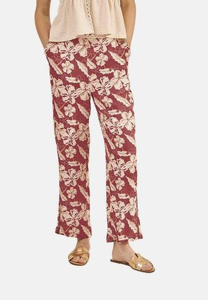 Pantalones ligeros de pierna ancha con un patrón floral en color marrón, que presentan flores y hojas de color crema. Fabricados con tela transpirable.