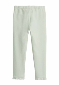 Lichtgroene leggings van zachte stof met een rekbare tailleband en kantafwerking aan de zoom. Eenvoudig ontwerp, volledige lengte.