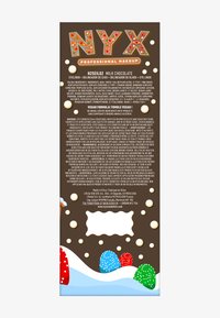 Opakowanie w kolorze mlecznej czekolady z białymi kółkami, świątecznymi ilustracjami oraz niebieskimi, czerwonymi i zielonymi kształtami jajek u dołu.