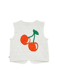 Vadderad vit väst med en broderad orange körsbärsdesign och gröna blad, små volanger längs axlarna.
