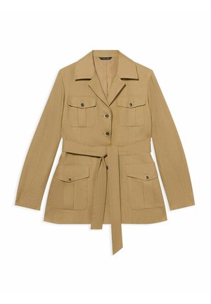Beige Jacke mit Gürtel, vier geknöpften Pattentaschen, langen Ärmeln, Kragen und vorderer Knopfleiste.