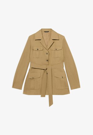 Beige Jacke mit Gürtel, vier geknöpften Pattentaschen, langen Ärmeln, Kragen und vorderer Knopfleiste.