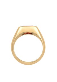 Goldring mit einer glatten, polierten Oberfläche und einer rechteckigen Oberseite. Ausgestattet mit einem tiefroten Einsatz und einem schlichten, schmucklosen Banddesign.