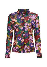Camicia a maniche lunghe in tessuto leggero con stampa floreale multicolore, sfondo verde, colletto e chiusura con bottoni.