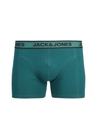 Boxers en coton turquoise avec une ceinture noire portant le logo "JACK & JONES", conçus avec une silhouette ajustée et des coutures contrastantes.