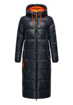 Lange pufferjas in marineblauw met oranje accenten. Beschikt over een capuchon, een front-rits en een gewatteerde textuur met zijzakken.