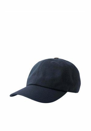Dunkelblaue Baseballkappe aus Stoff mit gebogenem Schirm und abgesteppten Paneelen vor weißem Hintergrund.