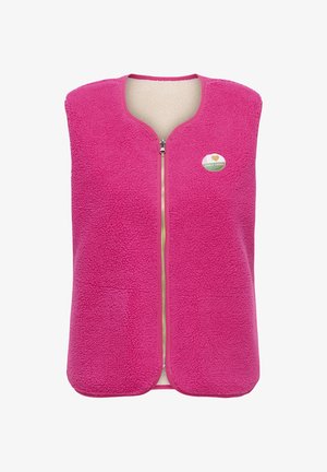 Bright pink fleece vest with front zipper and small round patch on chest depicting a heart and text on white and green background.