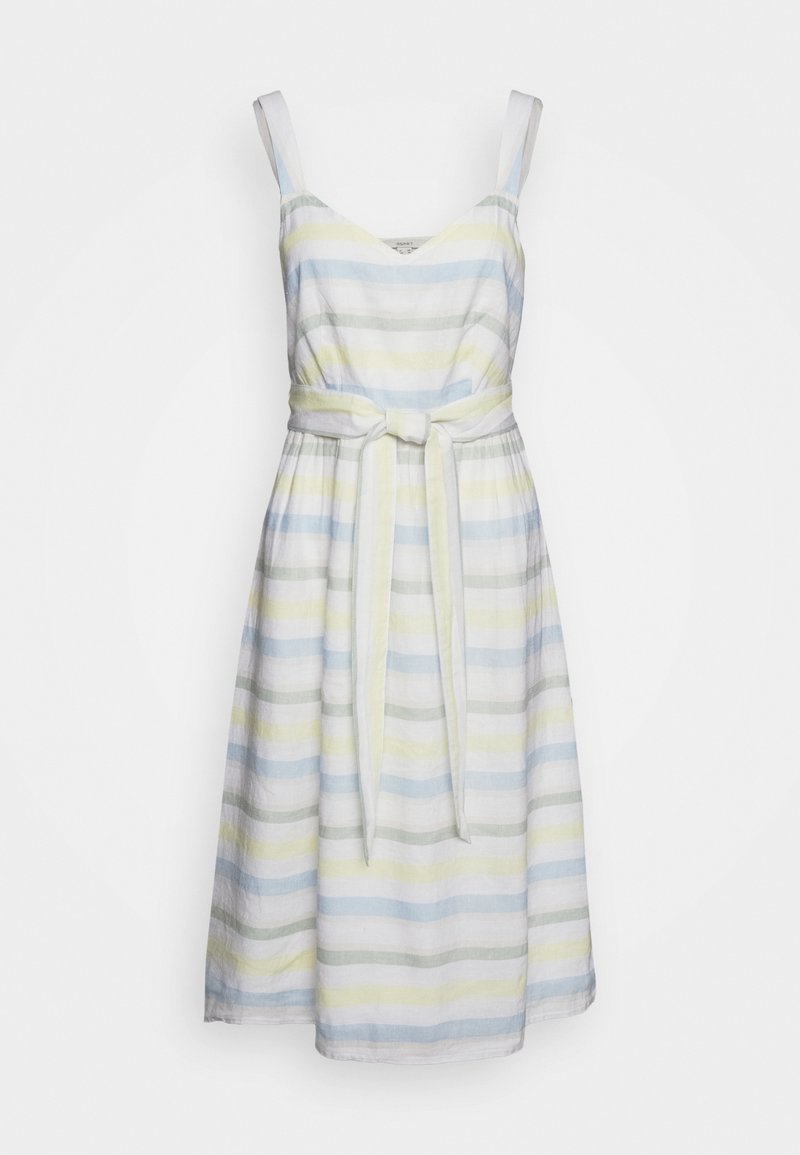 Robe midi sans manches avec décolleté en V et ceinture, présentant des rayures horizontales pastel en bleu, jaune, vert et blanc sur un tissu léger.