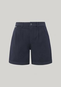 Pantaloni corti sartoriali blu navy con passanti per cintura, chiusura frontale con bottone, pince e orlo cucito su uno sfondo grigio chiaro uniforme.