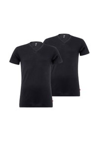 Sorte v-hals t-shirts, korte ærmer, lavet af blødt bomuldsblandingsstof, med en tætsiddende pasform og logo-detaljer nær sømmen.