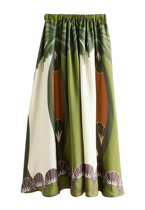 Langer Rock mit gerafftem Bund, versehen mit einem Muster aus grünen, braunen und weißen tropischen Blättern und Samenkapseln, mit welligem Saum.