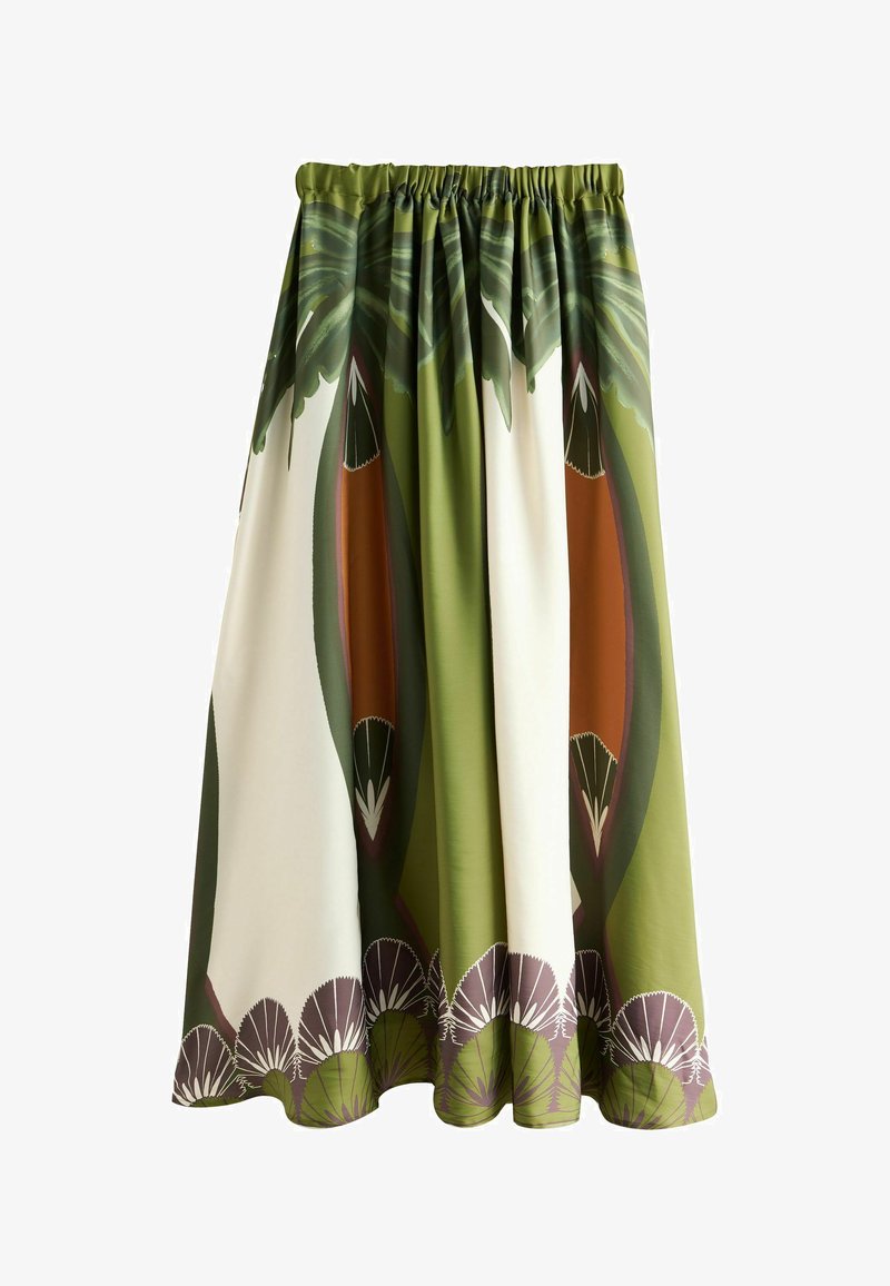 Jupe longue avec taille froncée, présentant un motif tropical de feuilles et de graines en vert, marron et blanc, avec un ourlet festonné.
