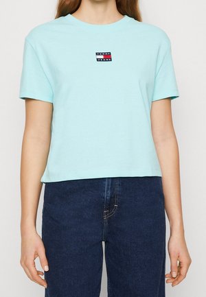 Vrouw draagt lichtblauw cropped T-shirt met klein Tommy Jeans-logo en donkerblauwe hoge taille jeans, staand tegen een effen achtergrond.