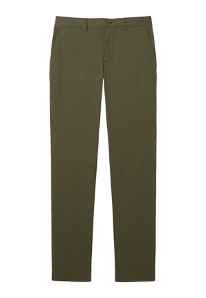 Pantaloni dritti color verde oliva realizzati in cotone leggero, con chiusura a bottone, due tasche laterali e zip frontale.
