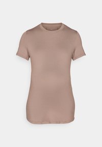 Brun kortärmad T-shirt tillverkad av mjukt tyg. Har rundad halsringning och en subtil ribbad textur. Minimalistisk stil, inga ytterligare detaljer.