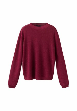 Sweter z długim rękawem i okrągłym dekoltem wykonany z ciemnoczerwonego dzianego materiału z prążkowanymi mankietami i dołem, prezentowany na jednolitym białym tle.