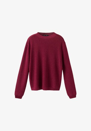 Pull à manches longues et col rond en tissu tricoté rouge foncé avec poignets et ourlet côtelés, présenté sur un fond blanc uni.