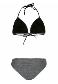 Czarny biustonosz bikini w kształcie trójkąta z wiązanymi ramiączkami, z pasem w białe i czarne paski. Pasujące majtki typu high-waisted w poziome paski.