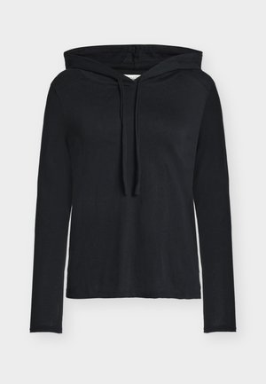 Camisola com capuz preta de manga comprida feita de tecido macio, com cordão ao redor do pescoço e corte confortável. Design simples e minimalista.