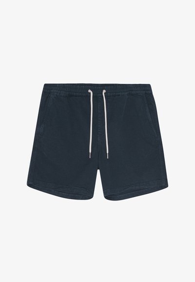 Donkerblauwe zwembroek met een elastische tailleband, witte trekkoord en zijzakken. Gemaakt van katoen met een gladde, lichte textuur.