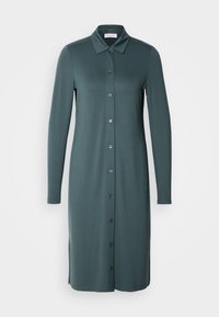 Robe à manches longues et à boutons dans une teinte bleu-vert douce. Fabriquée dans un tissu lisse avec un col et des fentes sur les côtés à l'ourlet.