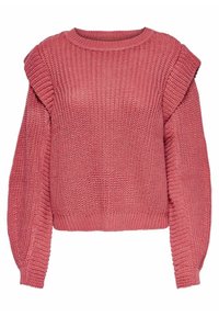 Sweter dzianinowy w odcieniu przybrudzonego różu, z okrągłym dekoltem, bufiastymi szwami na ramionach oraz ściągaczami przy mankietach i u dołu; materiał o fakturze, o luźnym kroju.