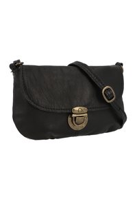 Borsa a mano in pelle nera con forma arrotondata, dettagli cuciti e chiusura in ottone vintage. Include una tracolla regolabile per il trasporto.