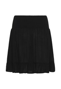 Jupe noire en tissu léger, dotée d'une taille smockée, d'un design évasé et d'un ourlet en volants pour une texture supplémentaire.